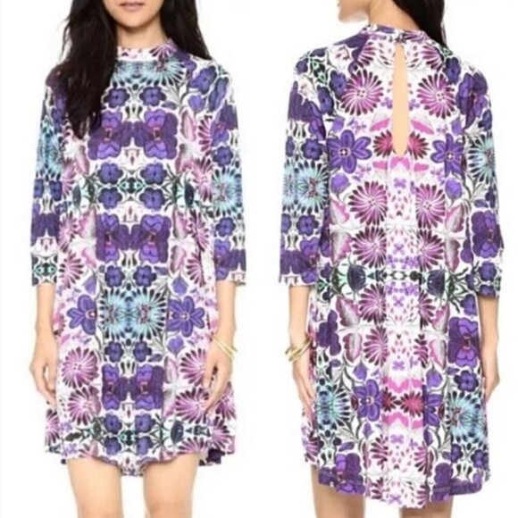 Free People New Romantics Fiesta Trapeze Mini Dress M Purple Floral Stretch - Picture 2 of 14